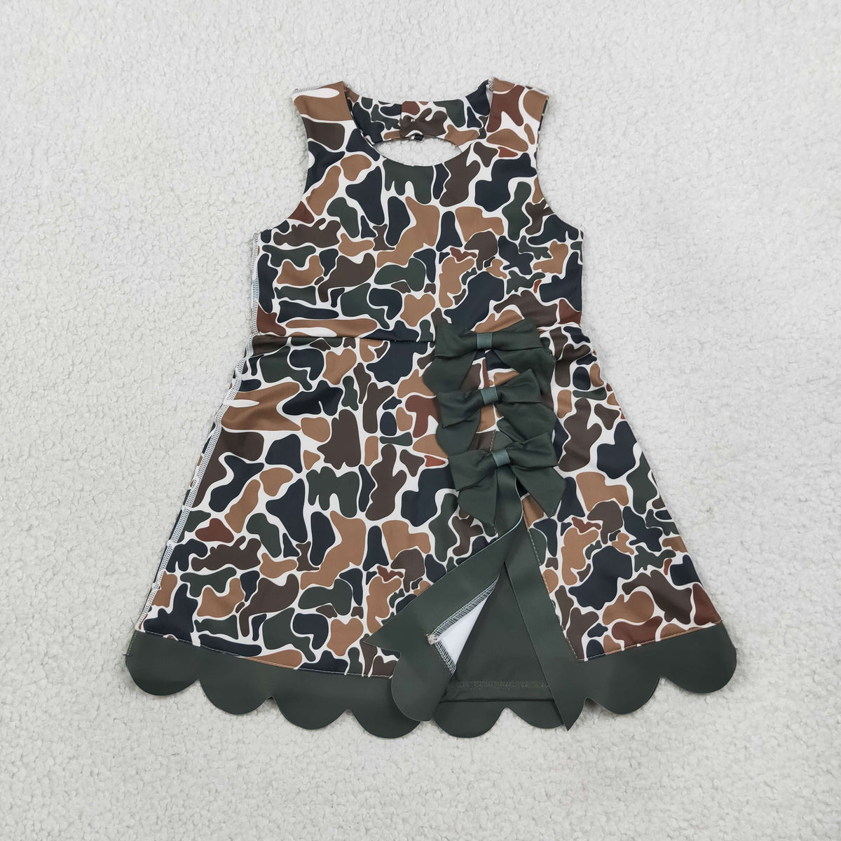 GSD4229 Baby Girls Dark Brown Camo Yoga Active Short Bows Scallop Knee Length Dress