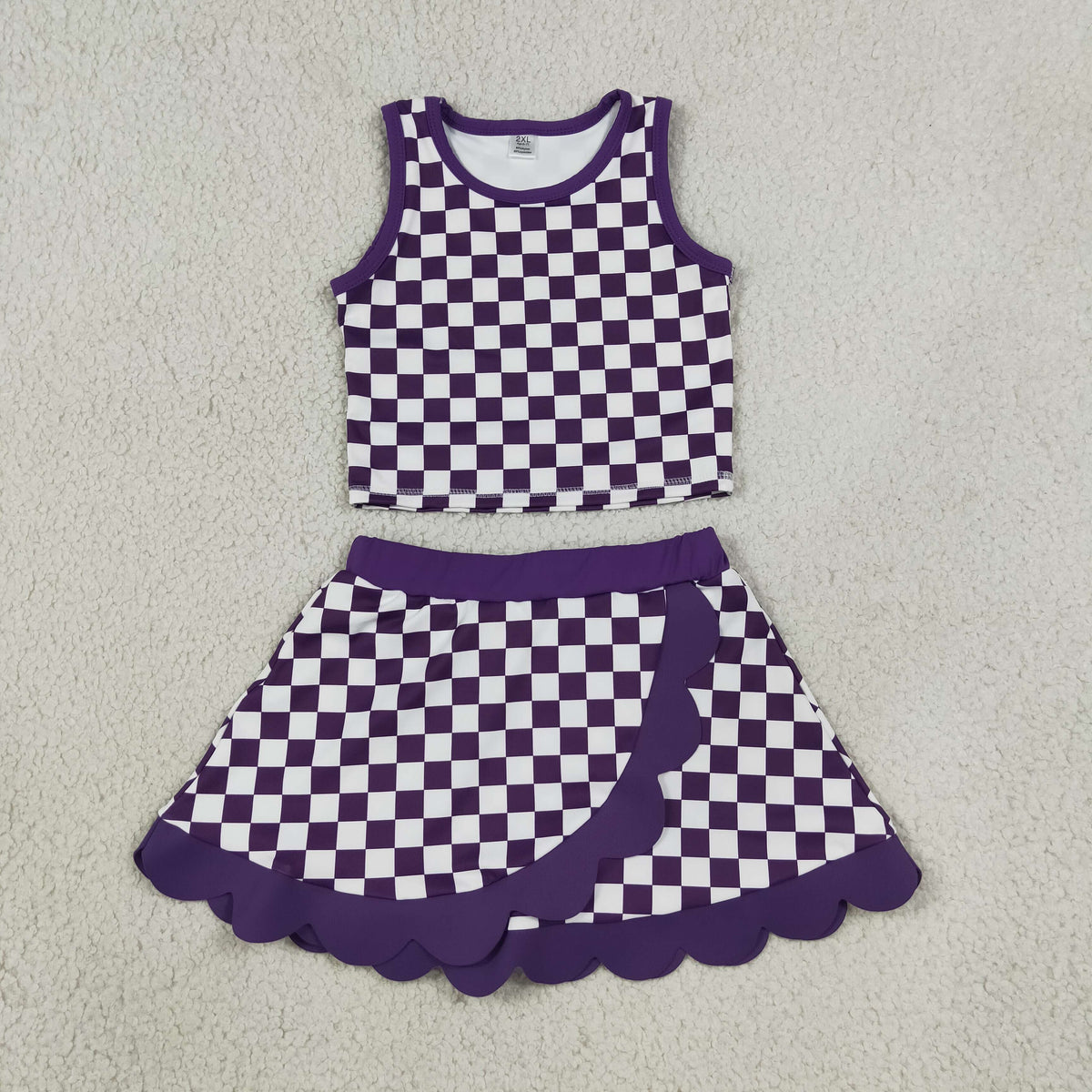 GSD4251 Baby Girls Purple Checked Sleeveless Vests Skirt Short Yoga Active Scallop Clothes Set