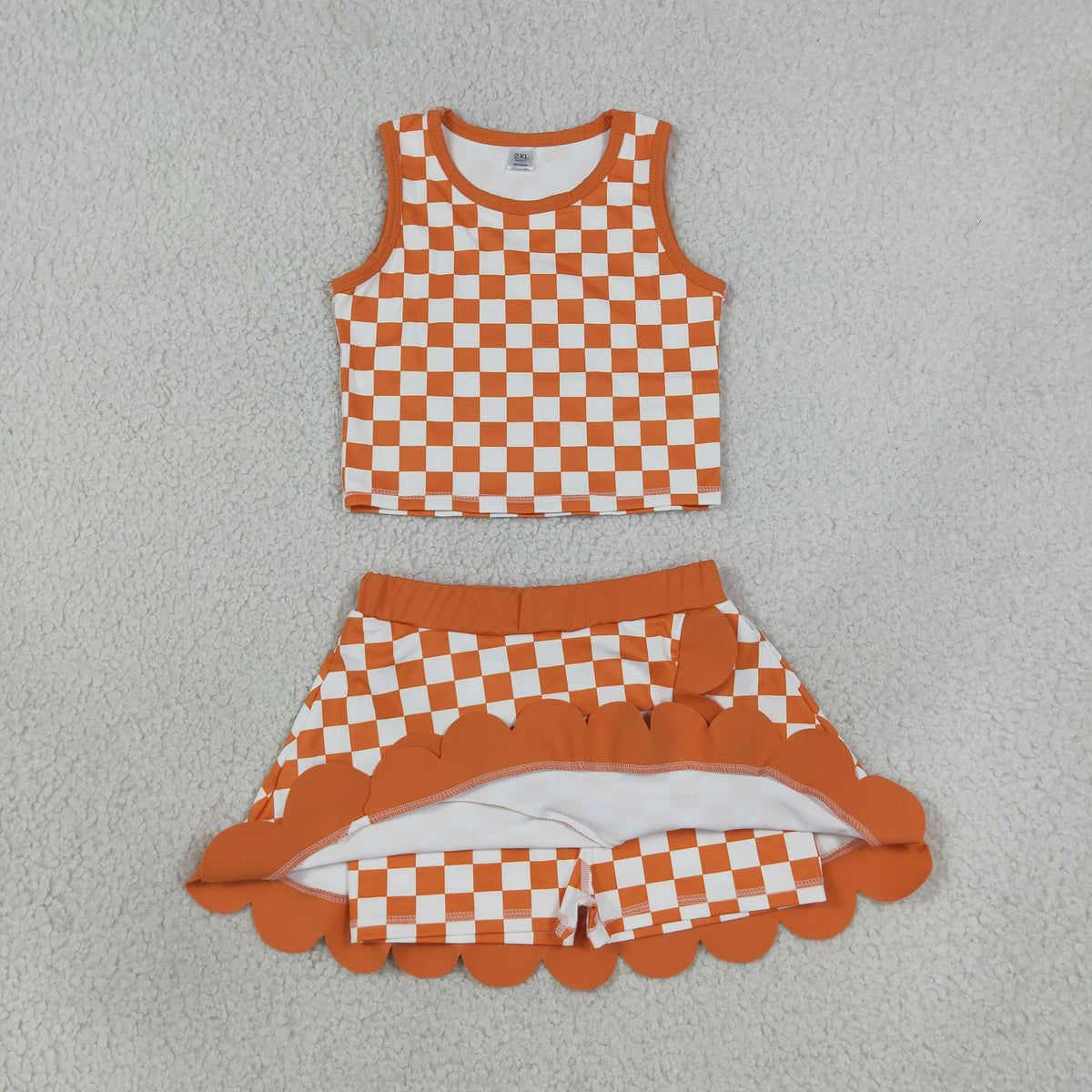 GSD4252 Baby Girls Orange Checked Sleeveless Vests Skirt Short Yoga Active Scallop Clothes Set