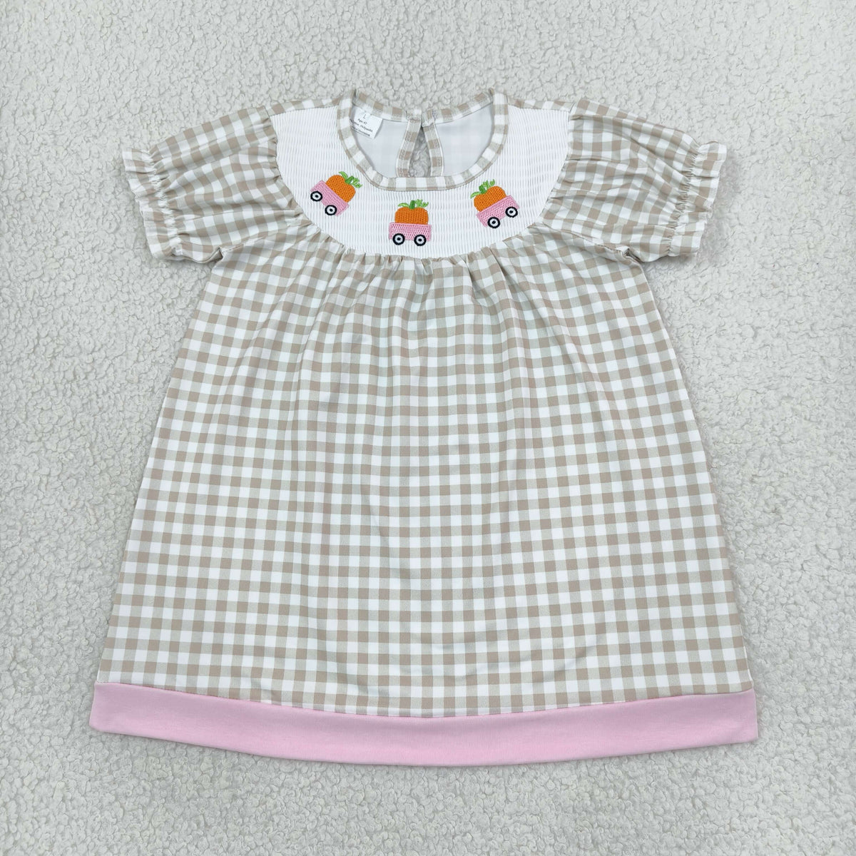 Sibling Baby Girls Smocked Pumpkin Trucks Khaki Checked Dress Rompers