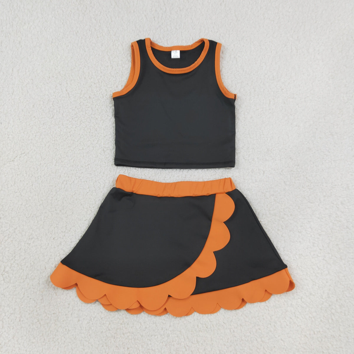 GSD4259 Baby Girls Orange Black Sleeveless Vests Skirt Short Yoga Active Scallop Clothes Set
