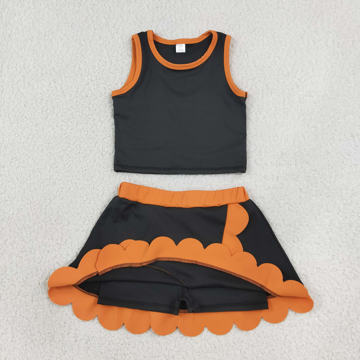 GSD4259 Baby Girls Orange Black Sleeveless Vests Skirt Short Yoga Active Scallop Clothes Set