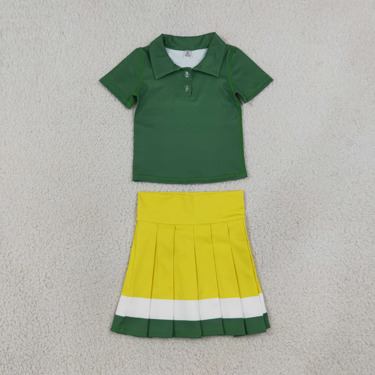 GSD4261 Baby Girls Green Button Polo Shirts Pleated Shirt Short Yoga Active Clothes Set