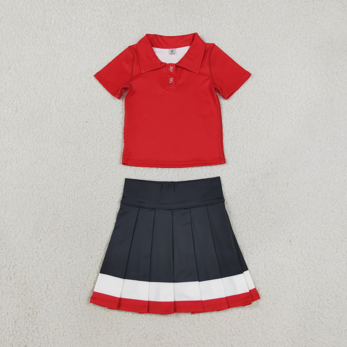 GSD422 Baby Girls Red Button Polo Shirts Pleated Shirt Short Yoga Active Clothes Set