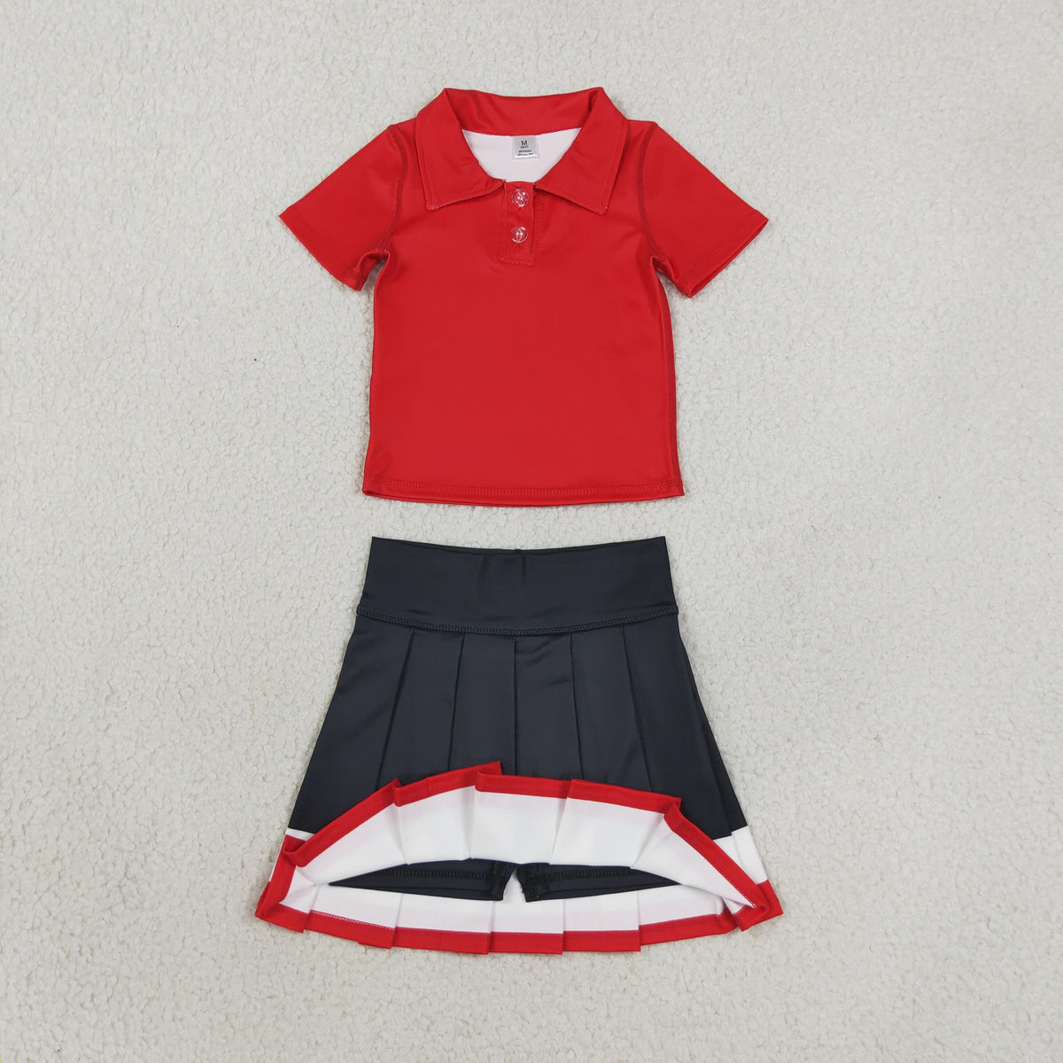 GSD422 Baby Girls Red Button Polo Shirts Pleated Shirt Short Yoga Active Clothes Set