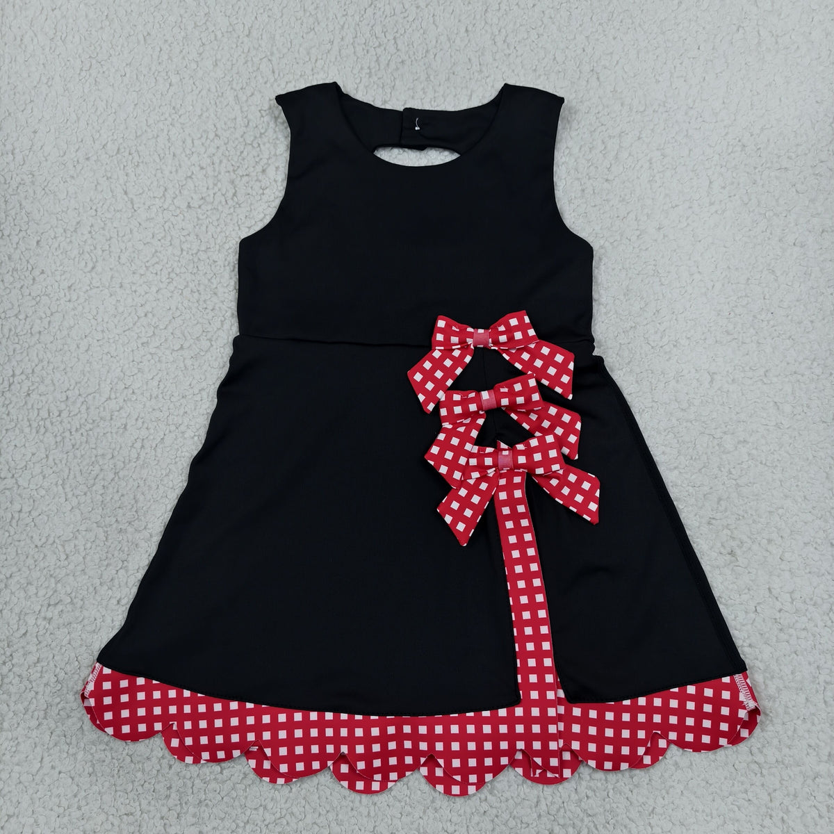 GSD4263 Baby Girls Black Red Checked Yoga Active Short Bows Scallop Knee Length Dress