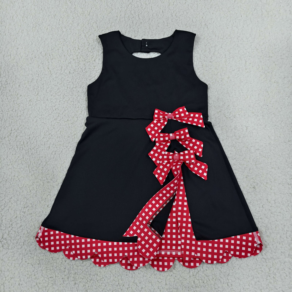 GSD4263 Baby Girls Black Red Checked Yoga Active Short Bows Scallop Knee Length Dress