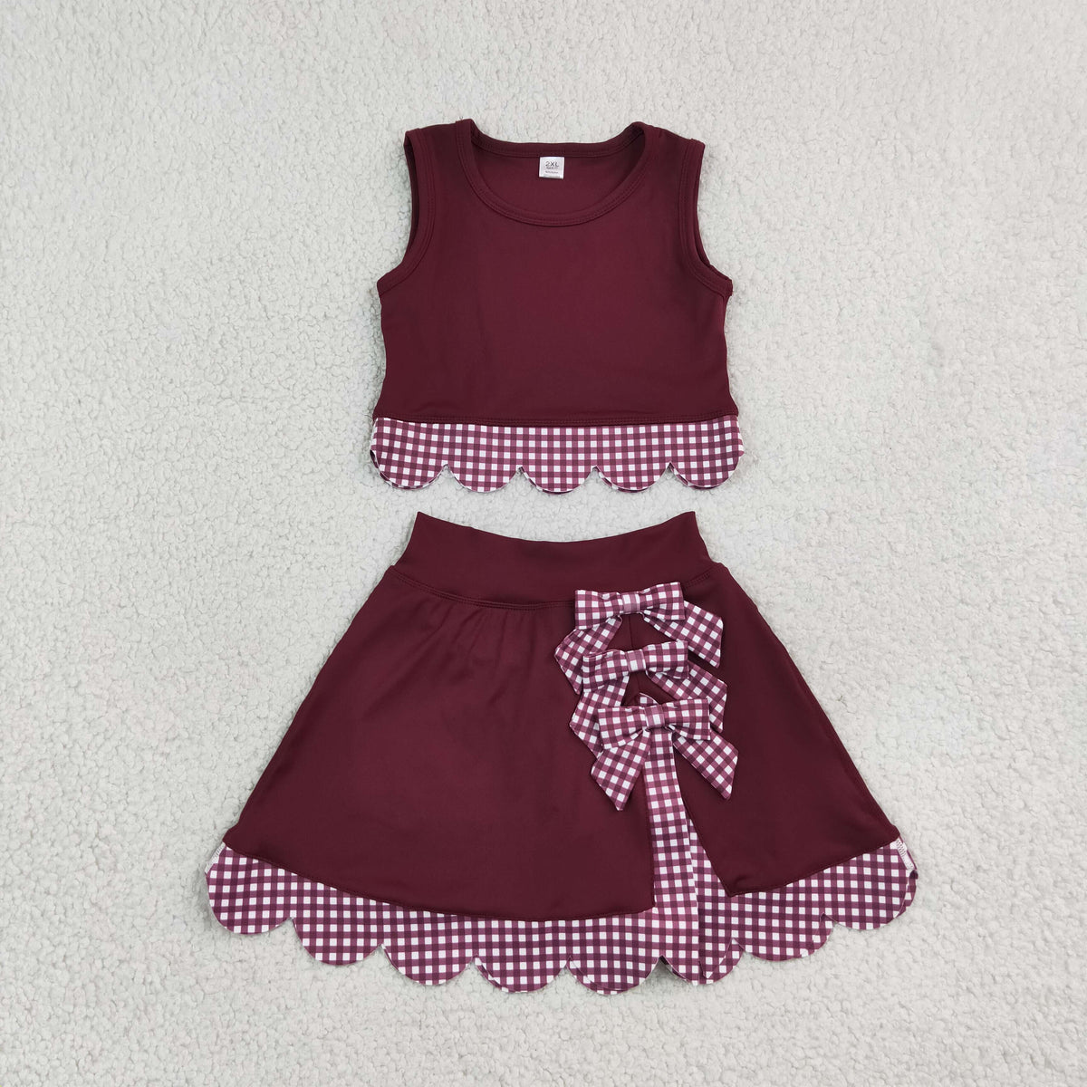 GSD4266 Baby Girls Maroon Checked Vests Bows Skirt Short Yoga Active Scallop Clothes Set