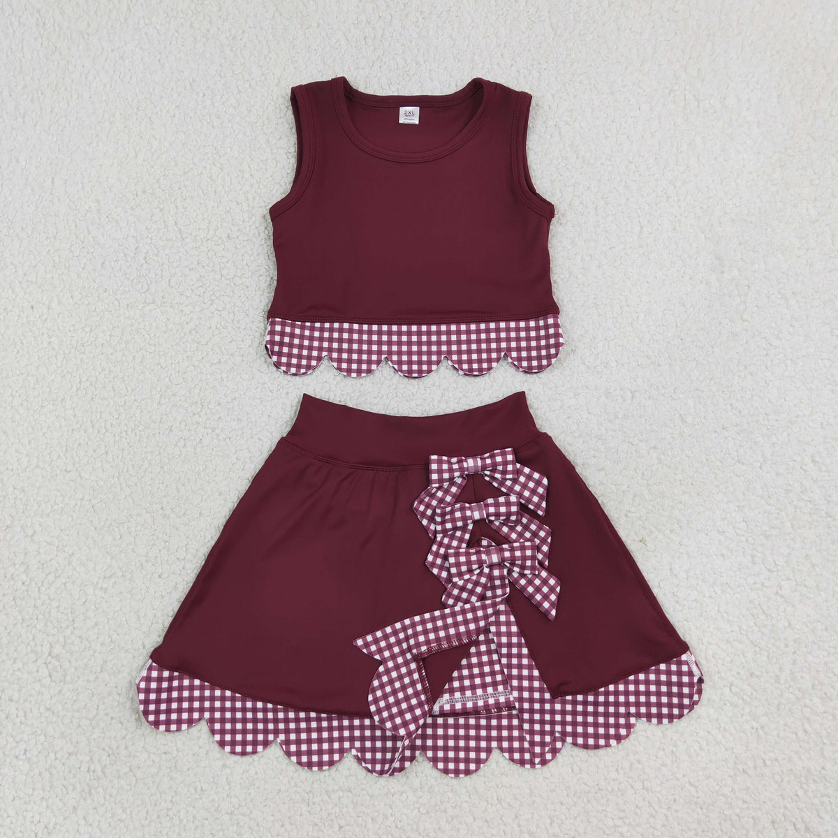 GSD4266 Baby Girls Maroon Checked Vests Bows Skirt Short Yoga Active Scallop Clothes Set