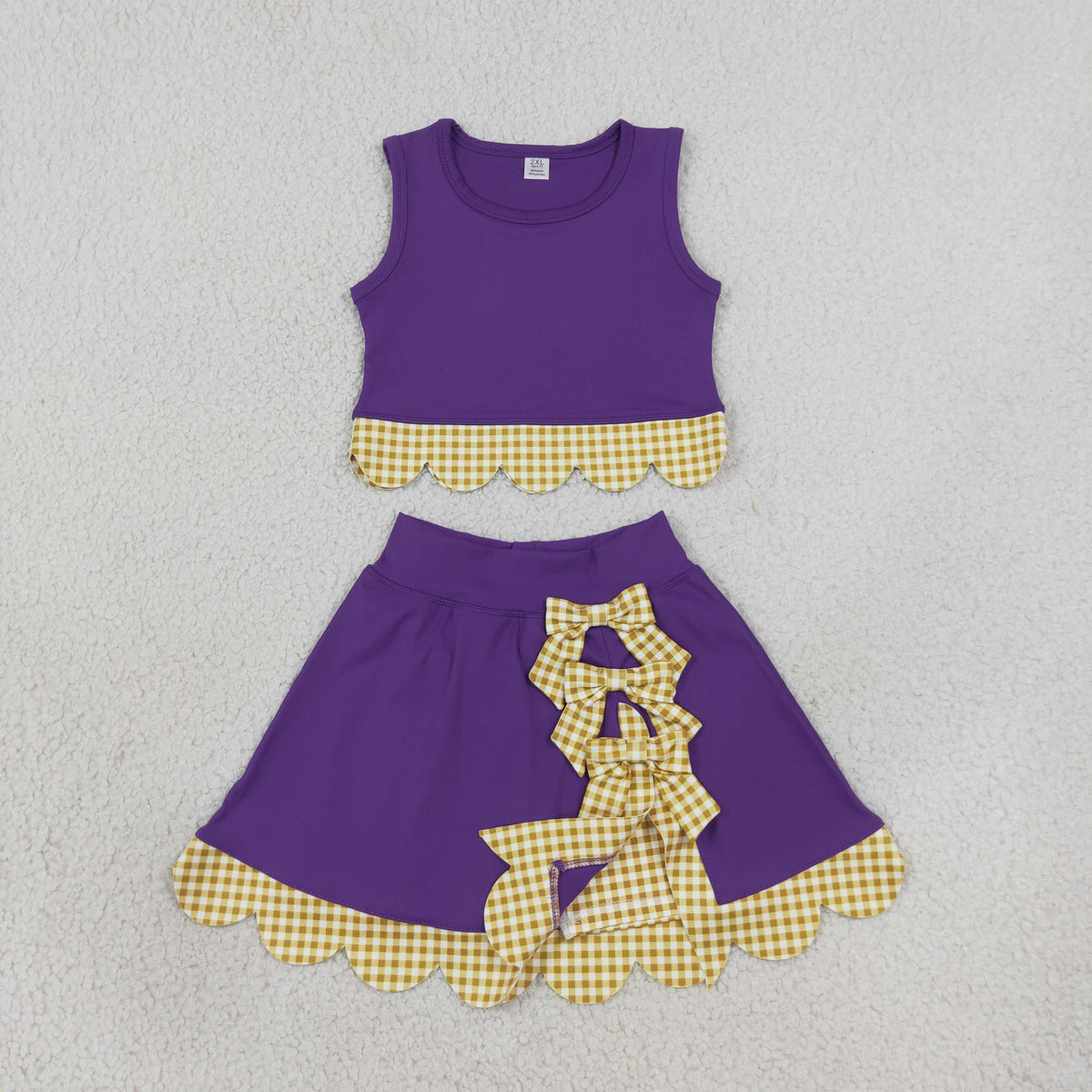 GSD4267 Baby Girls Purple Yellow Vests Bows Skirt Short Yoga Active Scallop Clothes Set