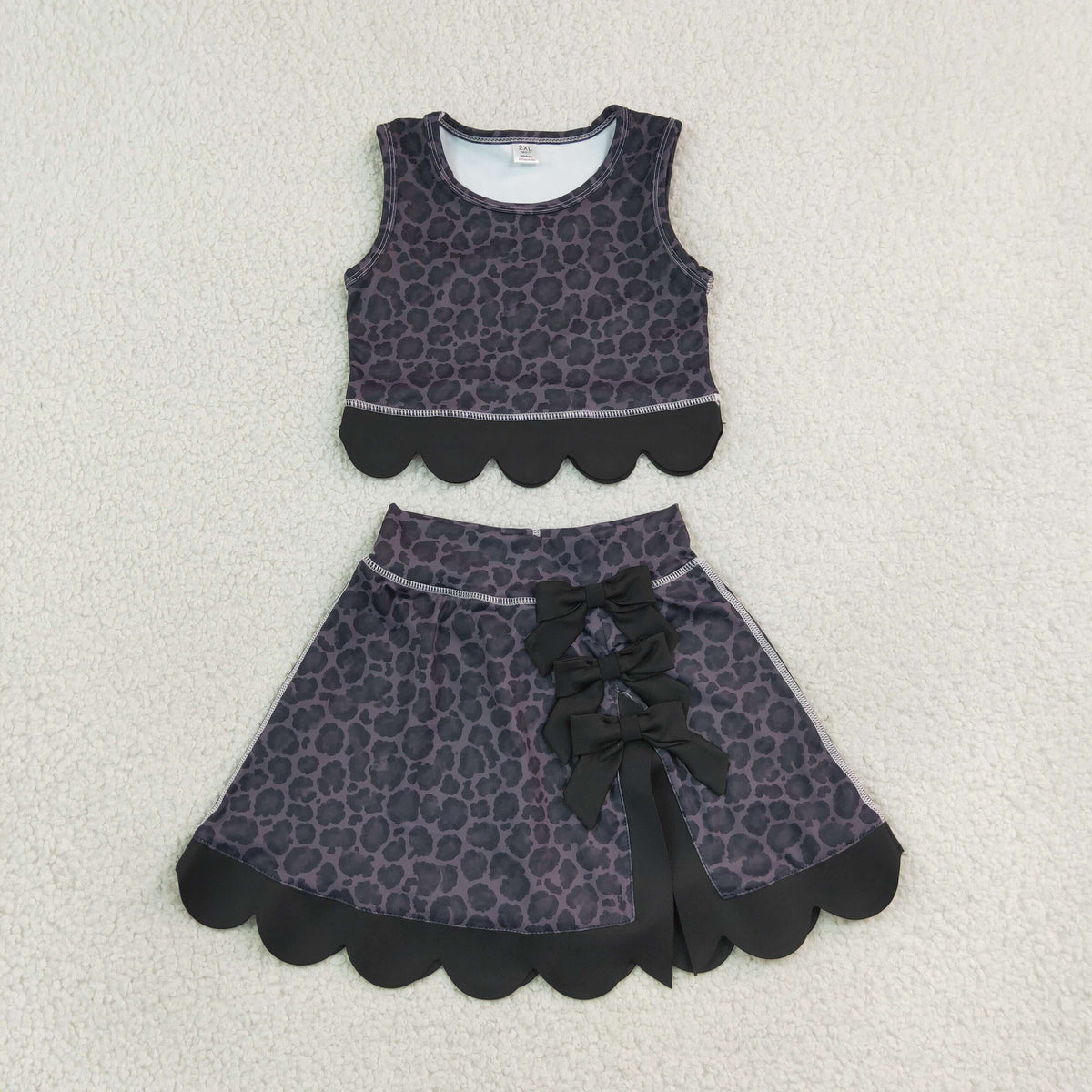 GSD4268 Baby Girls Black Leopard Vests Bows Skirt Short Yoga Active Scallop Clothes Set