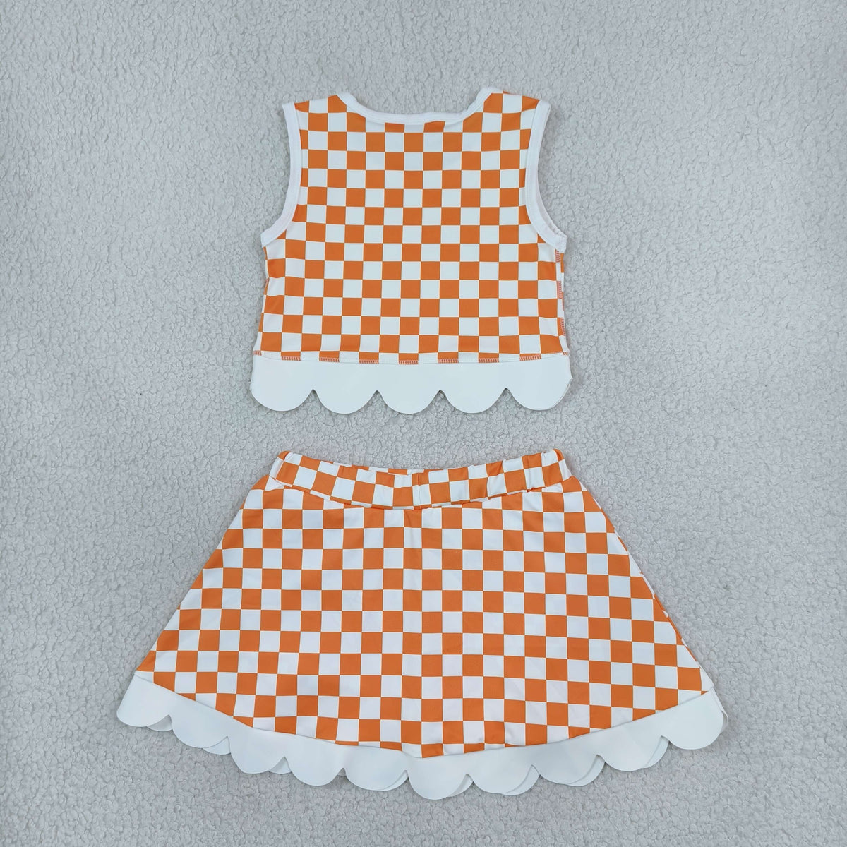 GSD4282 Baby Girls Orange Checked Tennessee Vests Bows Skirt Short Yoga Active Team Scallop Clothes Set