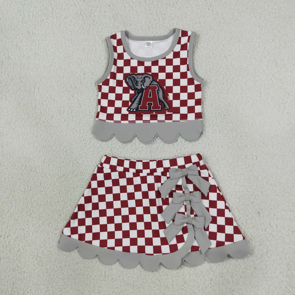 GSD4284 Baby Girls Red Checked Alabama Vests Bows Skirt Short Yoga Active Team Scallop Clothes Set