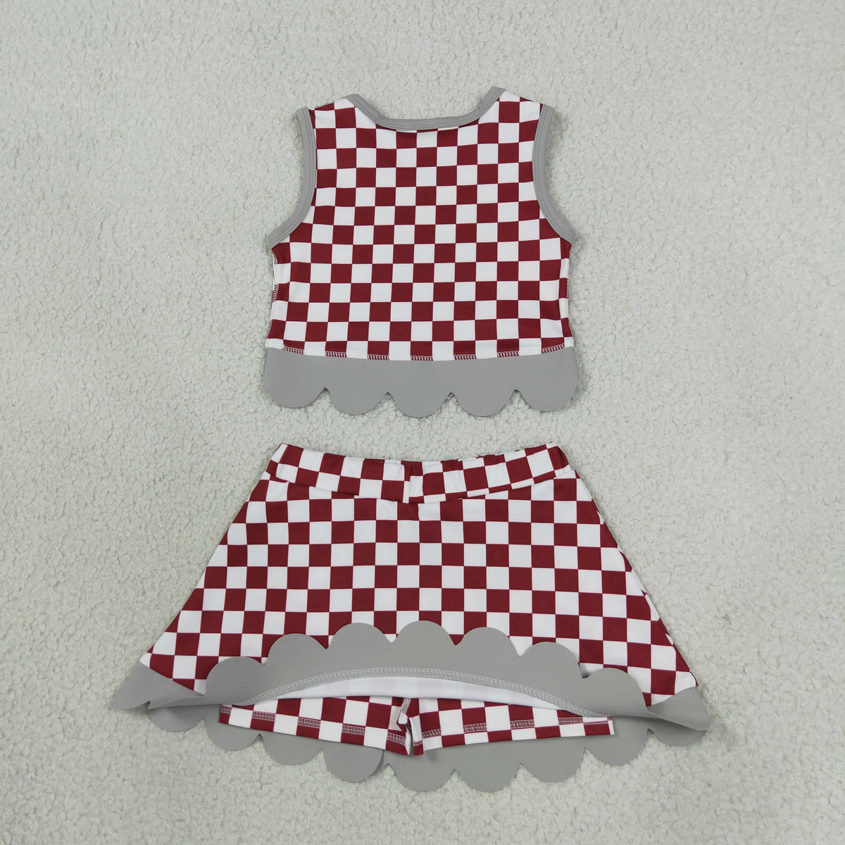 GSD4284 Baby Girls Red Checked Alabama Vests Bows Skirt Short Yoga Active Team Scallop Clothes Set