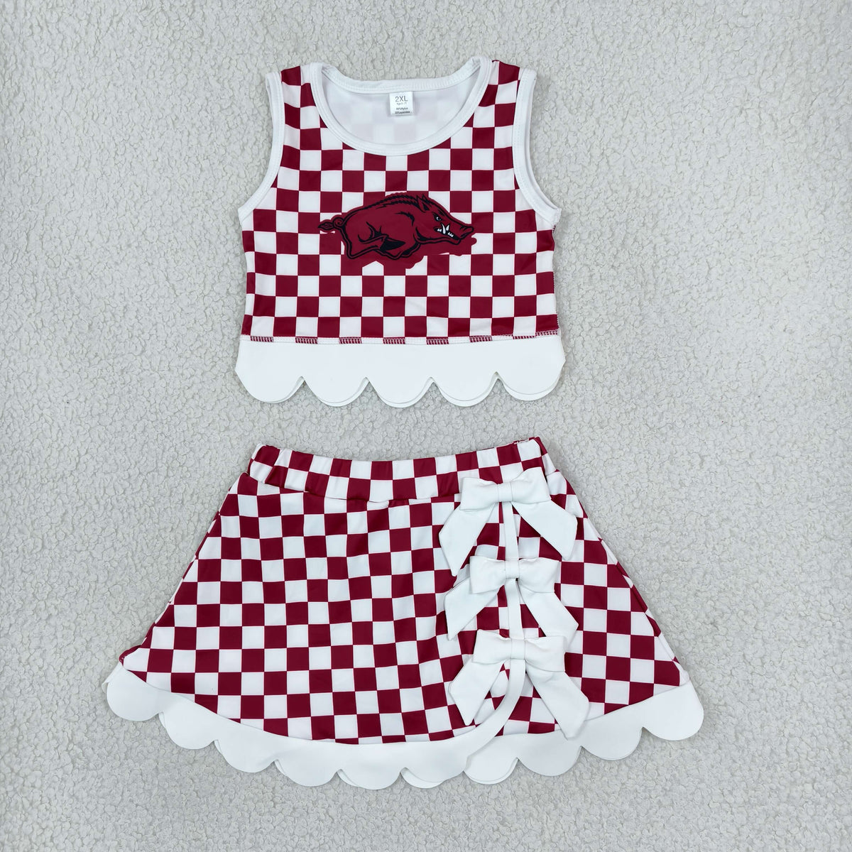 GSD4286 Baby Girls Red Checked Arkansas Vests Bows Skirt Short Yoga Active Team Scallop Clothes Set