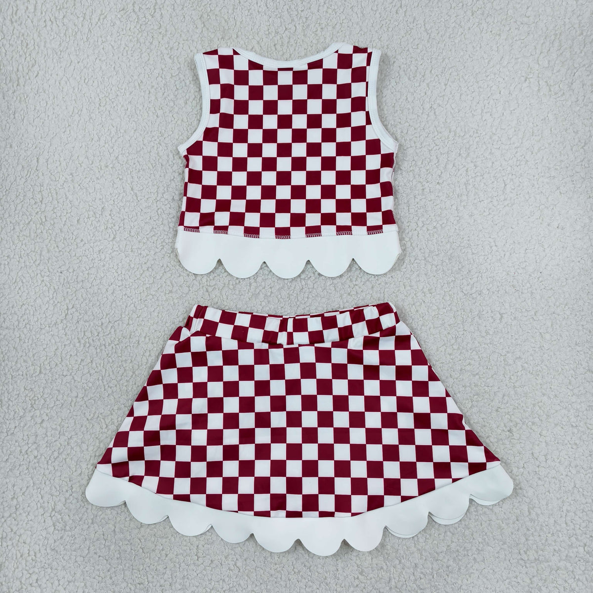 GSD4286 Baby Girls Red Checked Arkansas Vests Bows Skirt Short Yoga Active Team Scallop Clothes Set