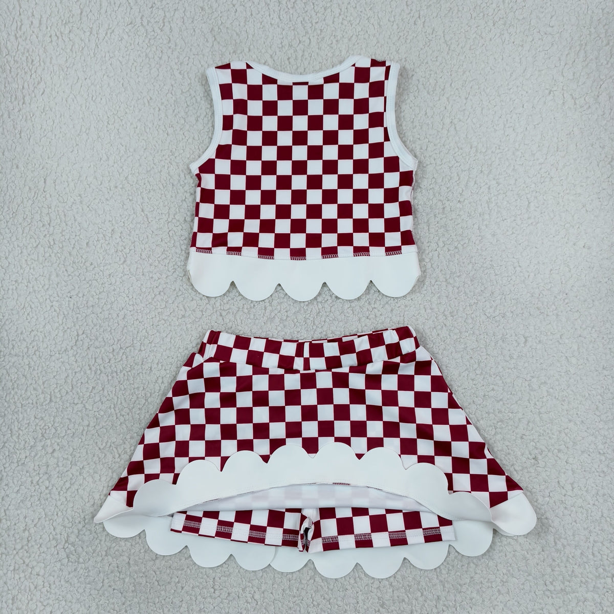 GSD4286 Baby Girls Red Checked Arkansas Vests Bows Skirt Short Yoga Active Team Scallop Clothes Set