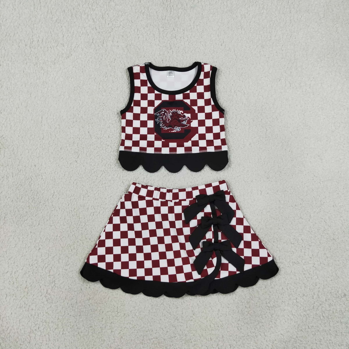 GSD4288 Baby Girls Maroon Checked Gamecocks Vests Bows Skirt Short Yoga Active Team Scallop Clothes Set