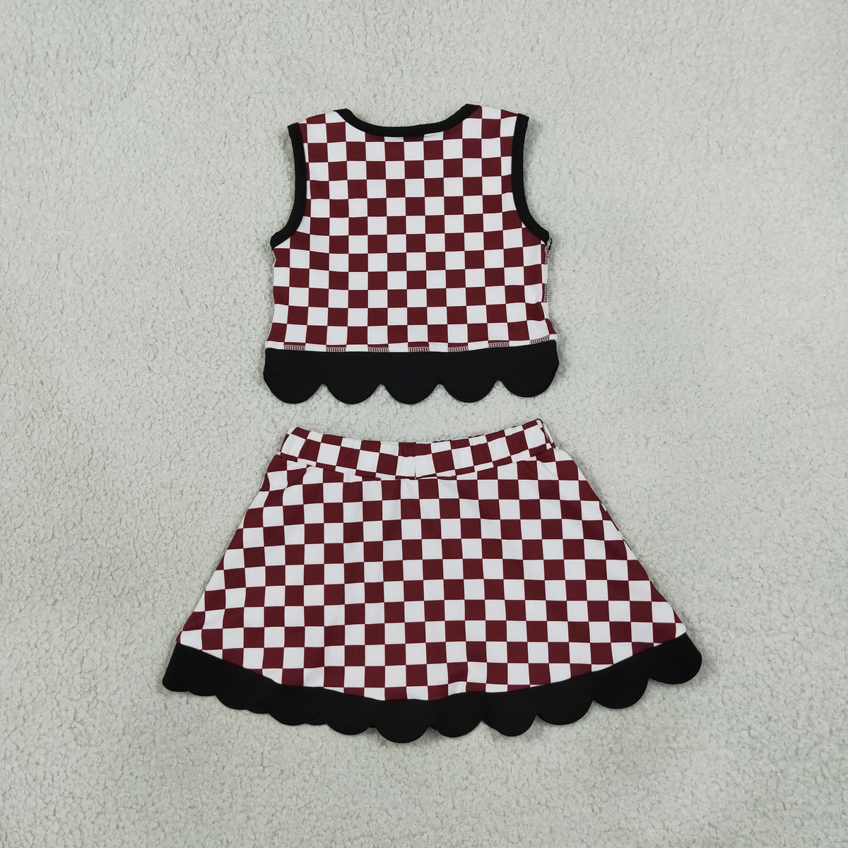 GSD4288 Baby Girls Maroon Checked Gamecocks Vests Bows Skirt Short Yoga Active Team Scallop Clothes Set