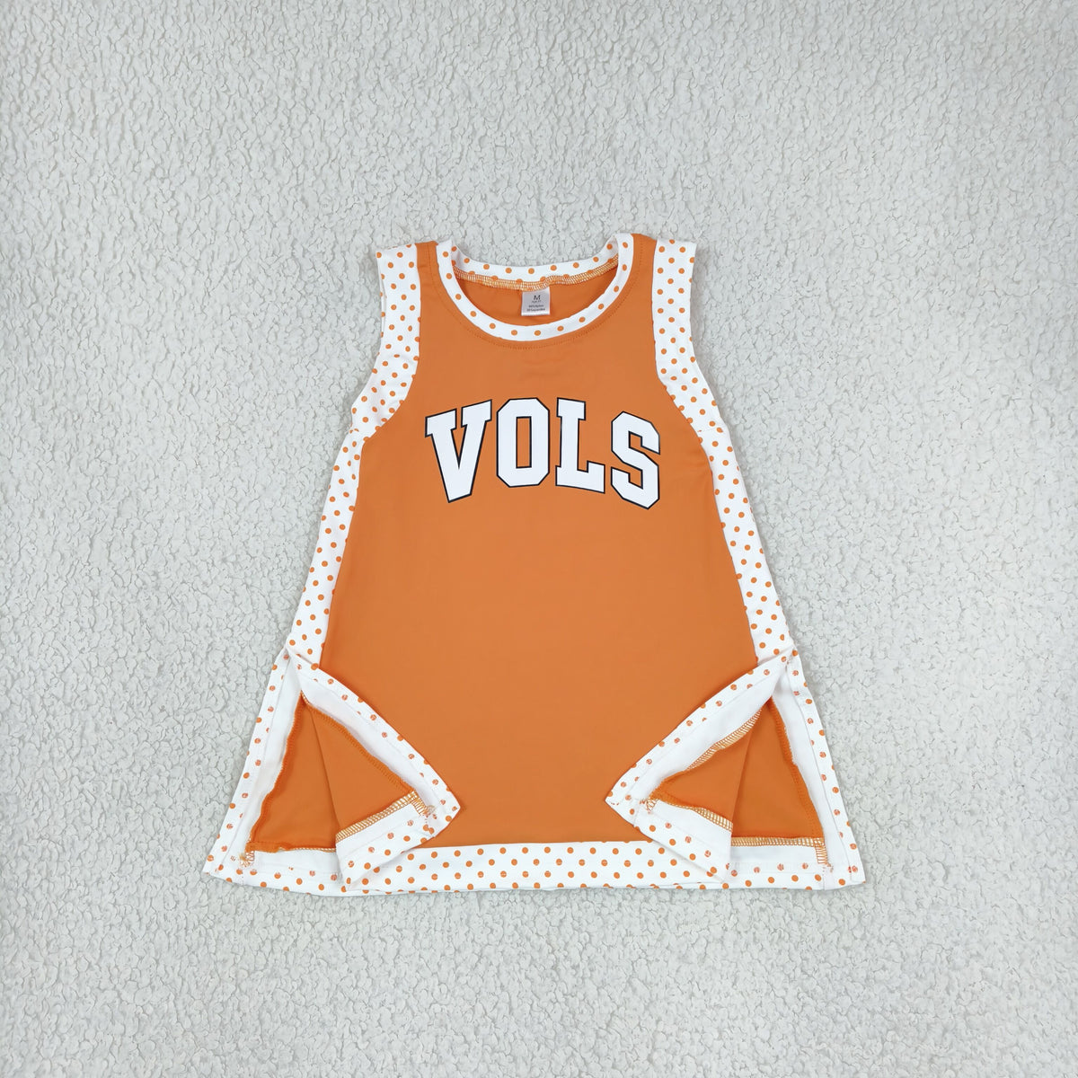 GSD4292 Baby Girls White Polka Dots Orange Sleeveless Vinyl Vols Team Split Dress