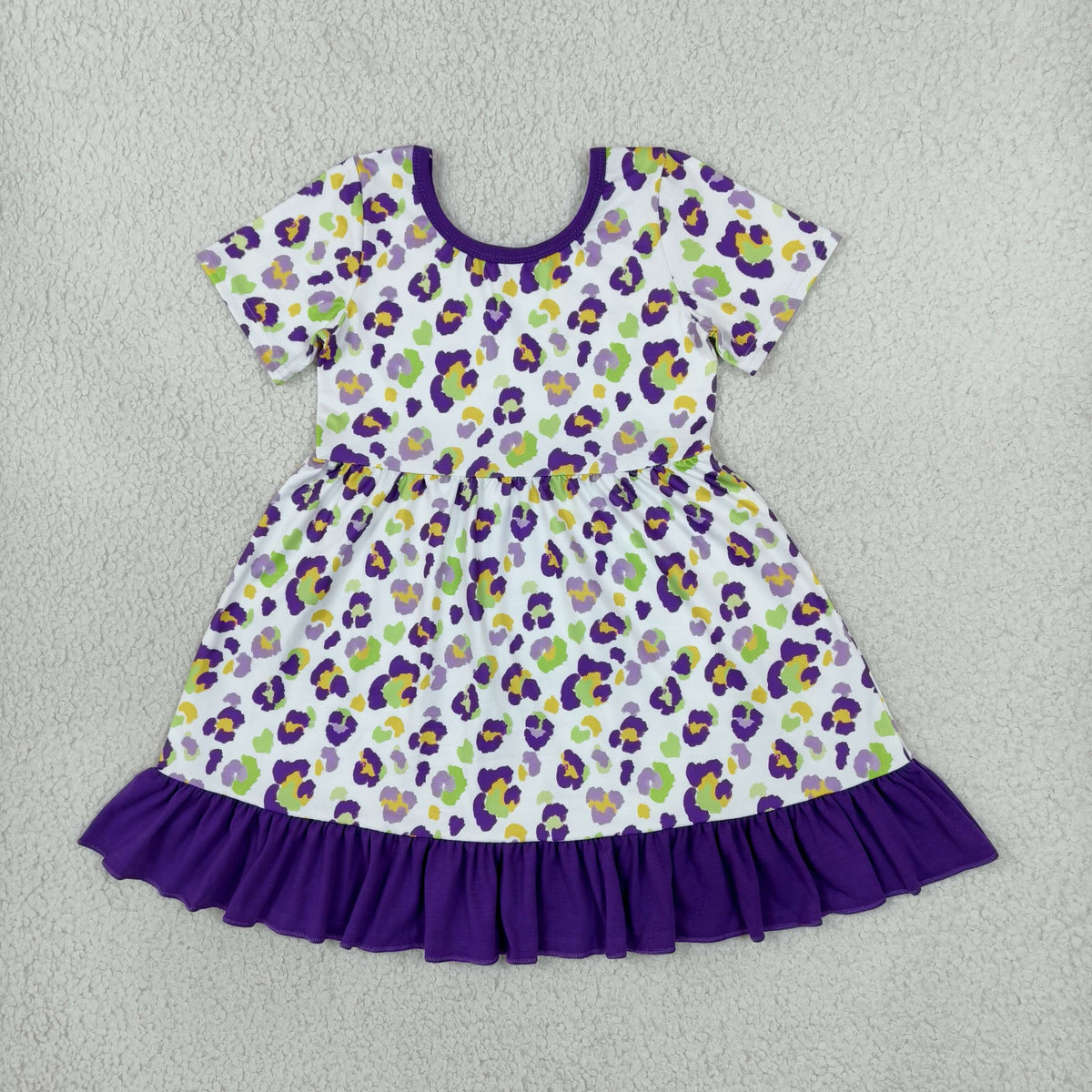 GSD4321 Baby Girls Short Sleeve Mardigras Leopard Ruffle Knee Length Dress