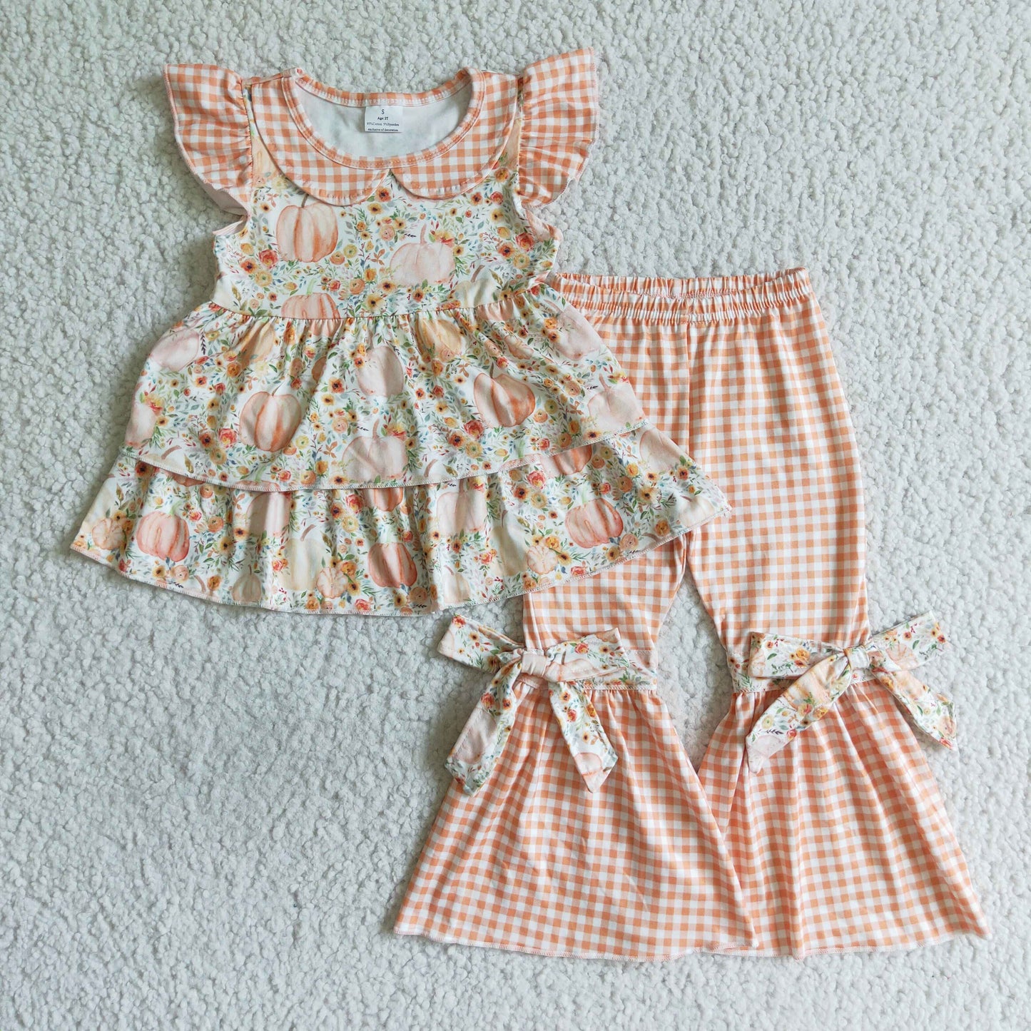 Sibling Baby Girls Bows Flowers Pumpkins Tunic Leggings Bell Bottom Pant Fall Clothes Set