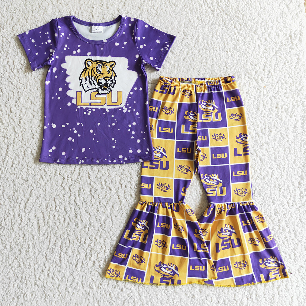 Sibling Baby Girls Bows LSU Tigers Team Clothes Sets Polo Shirt Yoga Active Knee Length Dress Butterfly Shorts