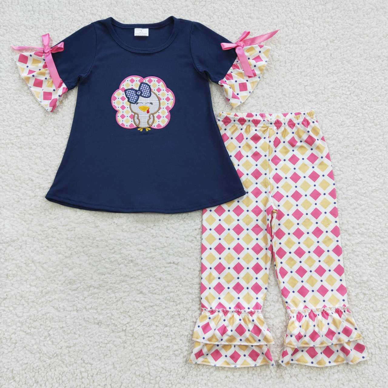 Sibling Baby Boys Girls Embroidery Turkey Pie Short Sleeves Pants Thanksgiving Clothes Sets