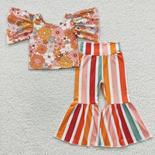 girls flower tops striped bottoms clothes sets GSPO0724