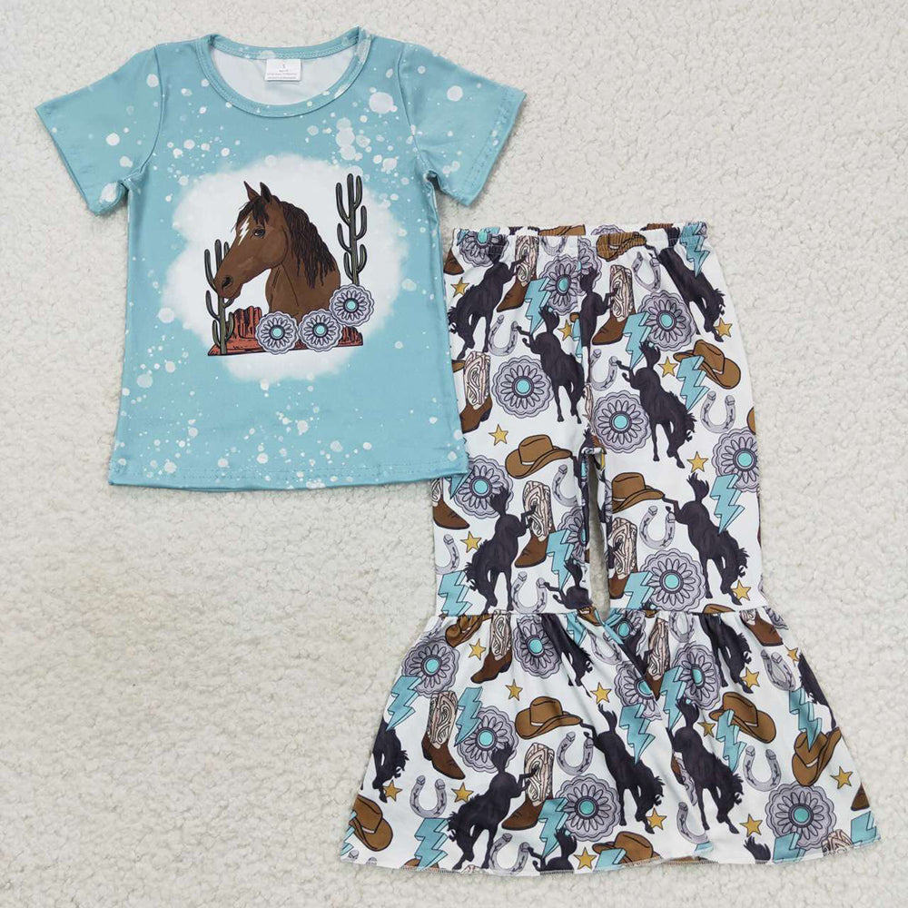 GSPO0831 baby clothes girls cowgirl horse turquoise bell bottoms pants outfits