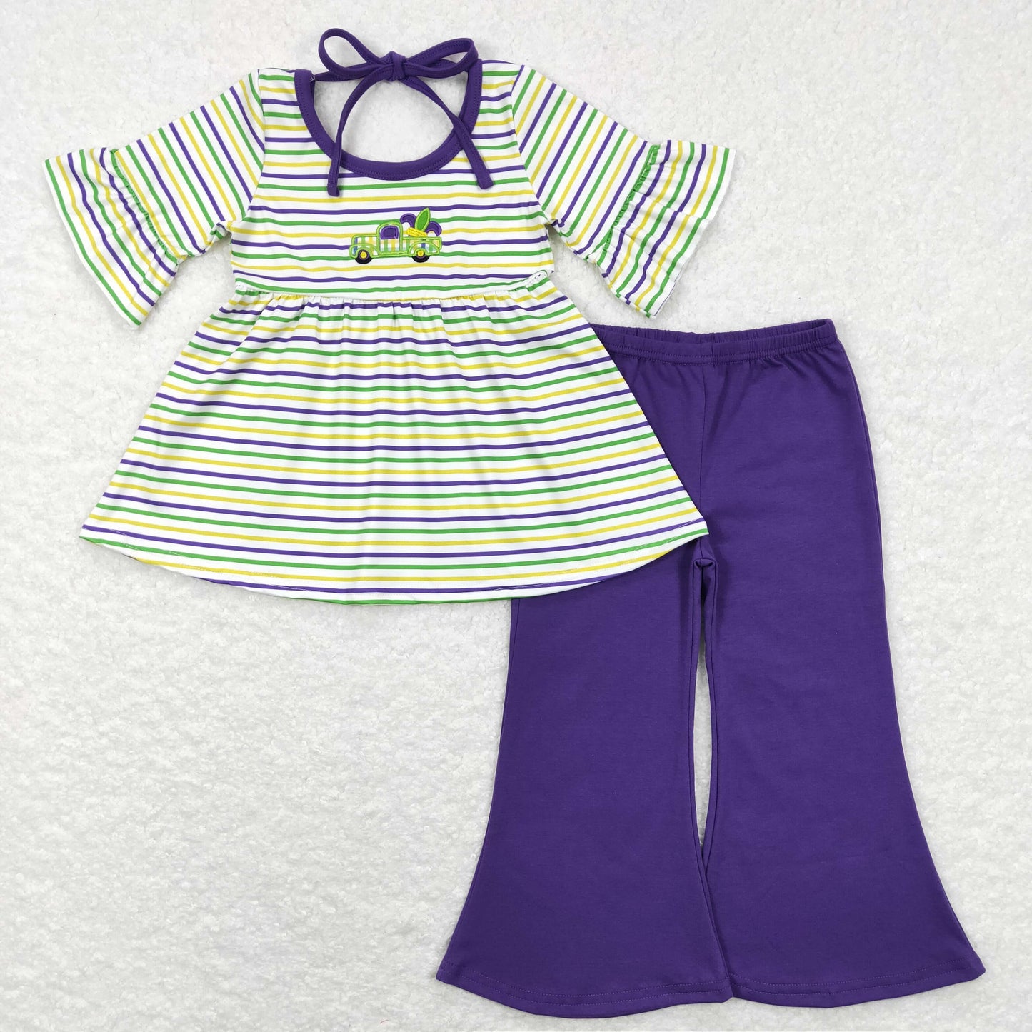 Sibling Baby Boys Girls Embroidery Truck Anchors Stripe Mardigras Clothes Sets Footie Rompers