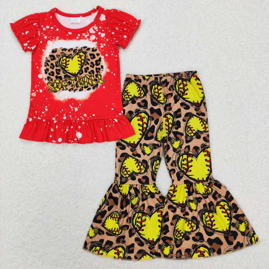 GSPO1086 Baby Girls Softballs Leopaerd Top Bell Bottom Pants Team Clothes Sets