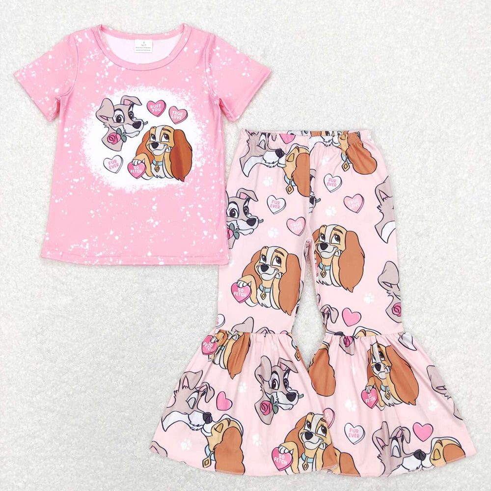Sibling Baby Girls Pink Dogs Valentines Hooded Tee Top Pants Clothes Sets