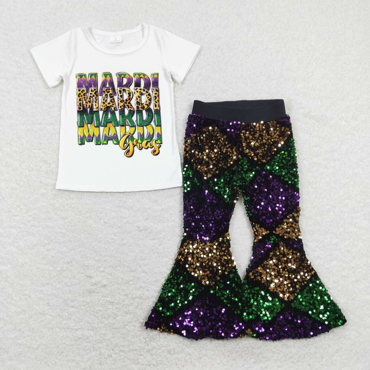 Sibling Baby Girls Mardigras Top Sequin Checked Bell Bottom Pants Clothes Sets