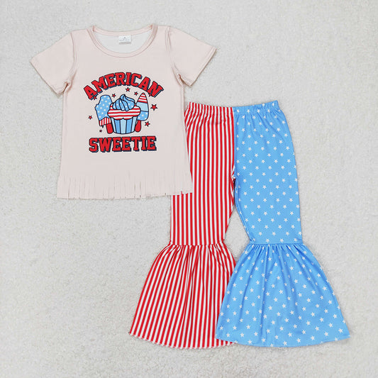 4th of July American Sweetie T-shirt Blue Star bell bottom pants set GSPO1485