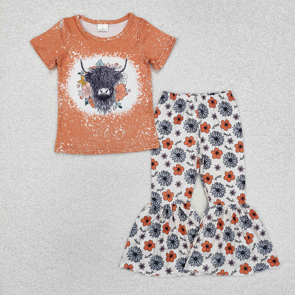 GSPO1525 baby clothes western girls highland cow flowers bell bottoms pants outfits