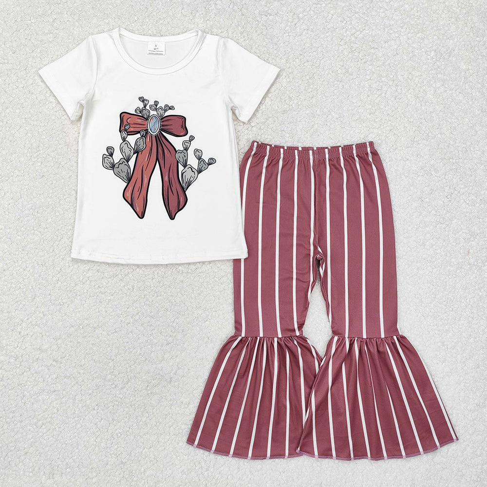GSPO1704 baby clothes western girls bow stripes bell bottoms pants outfits