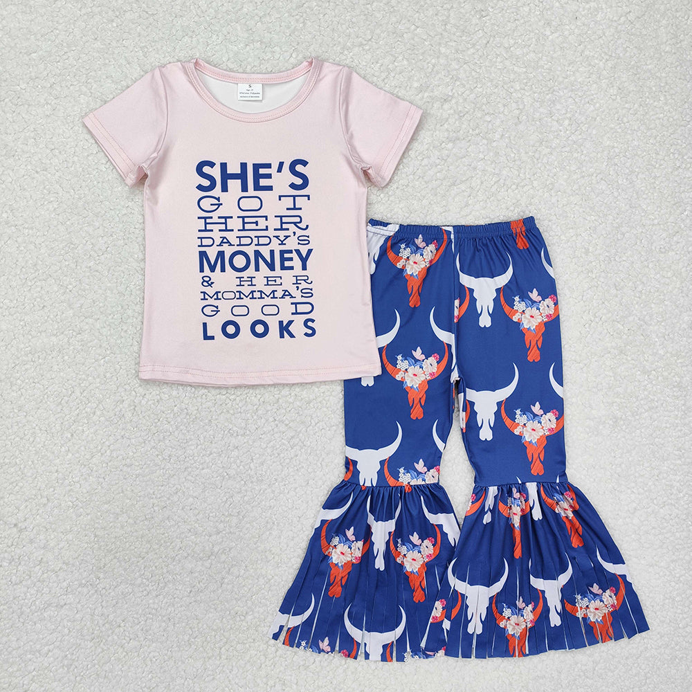 GSPO1720 baby clothes western girls cow skull bell bottoms pants outfits
