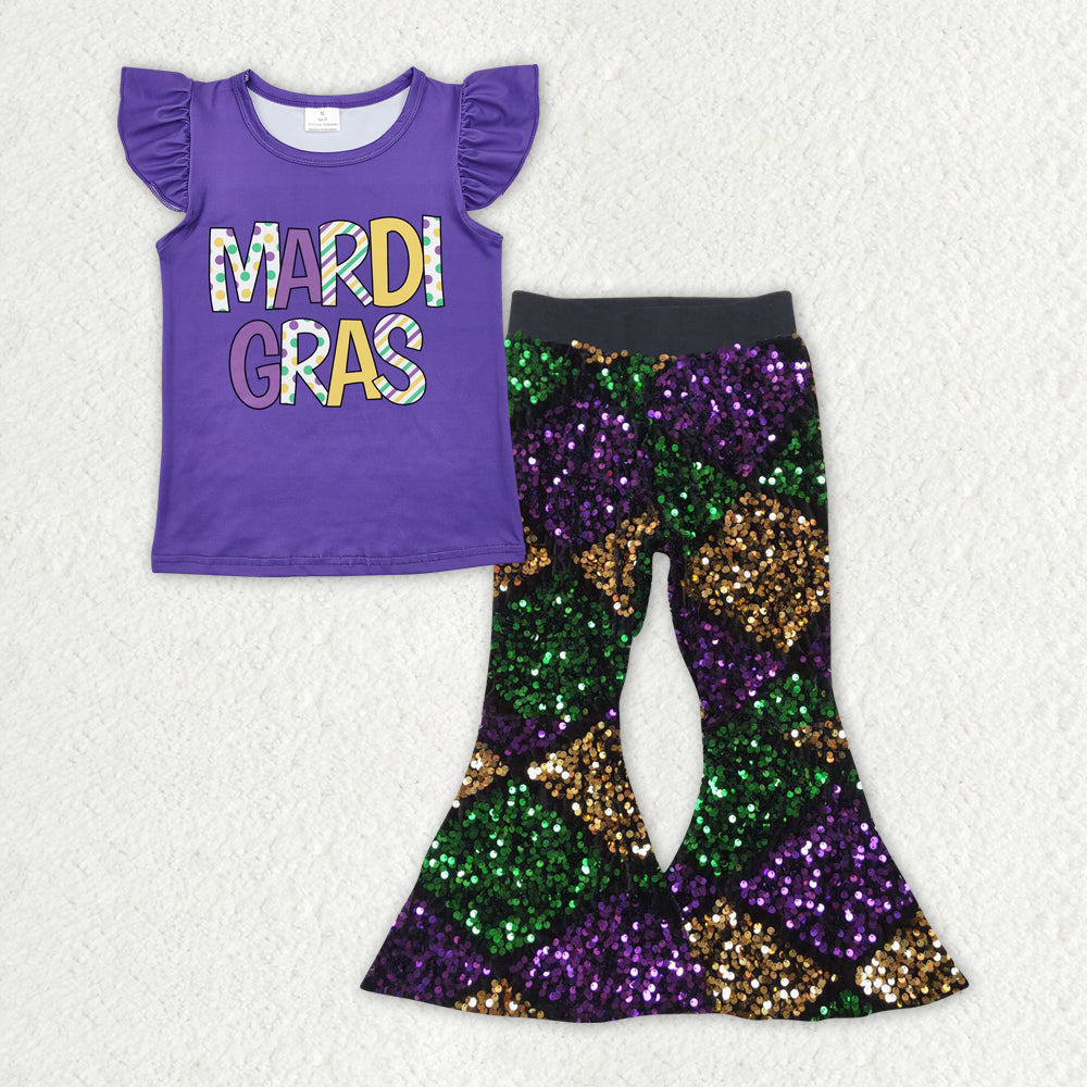 Sibling Baby Girls Mardigras Top Sequin Checked Bell Bottom Pants Clothes Sets