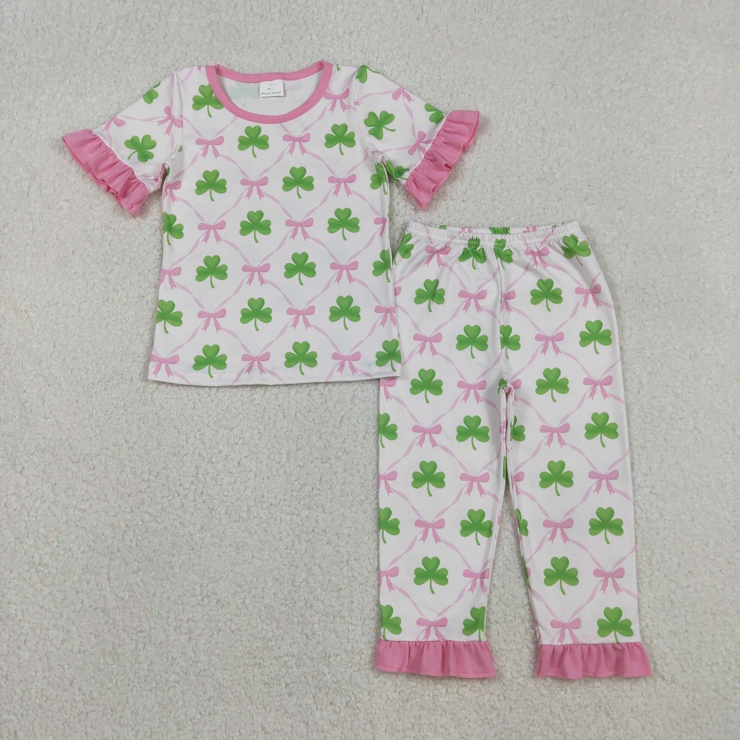 Sibling Baby Girls Clovers Bows Checked Pants Pajamas Clothes Sets Zipper Romper