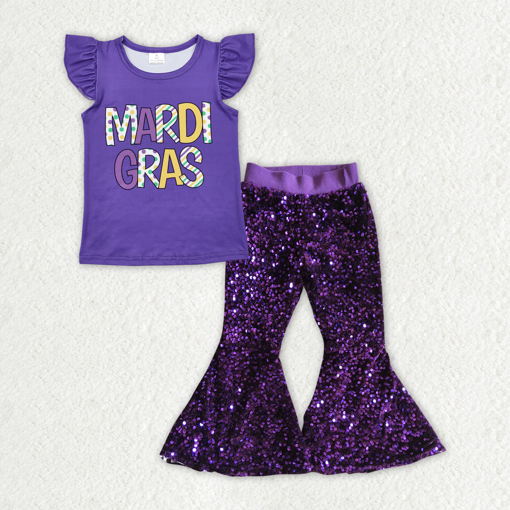 Sibling Baby Girls Mardigras Top Sequin Bell Bottom Pants Clothes Sets