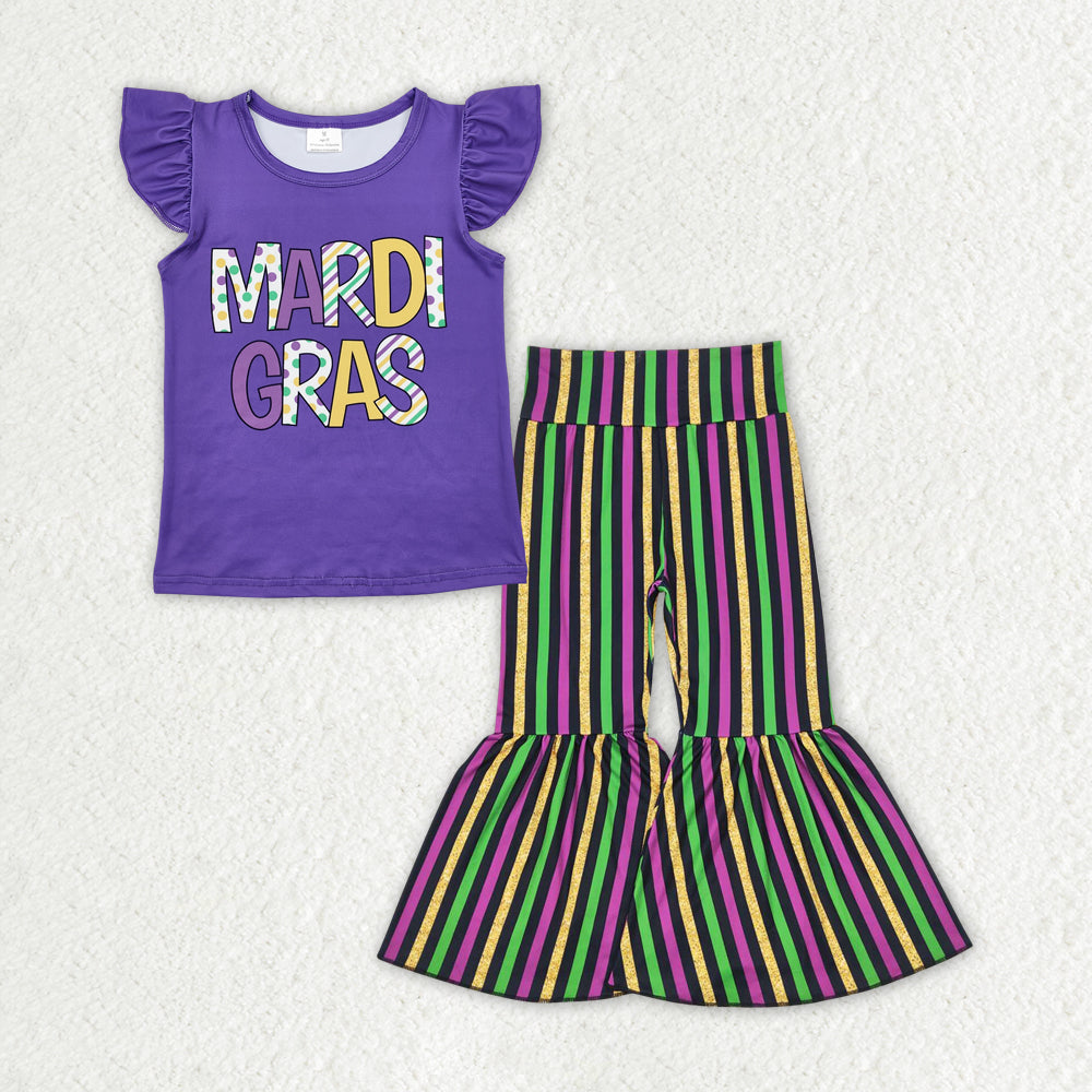 Sibling Baby Girls Mardigras Top Bell Bottom Stripe Pants Clothes Sets