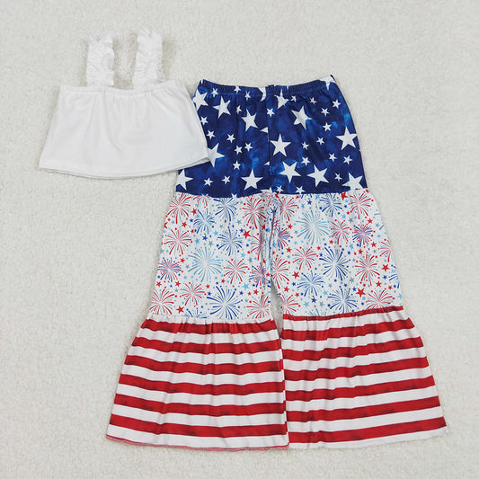 4th of July Straps Crop Top Blue Star bell bottom pants set GSPO1959
