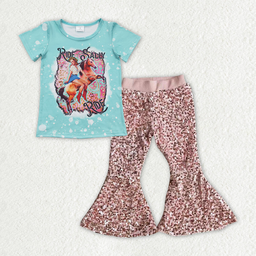 Sibling Baby Girls Horse Rodeos Tunic Sequin Bell Bottom Pant Western Clothes Set