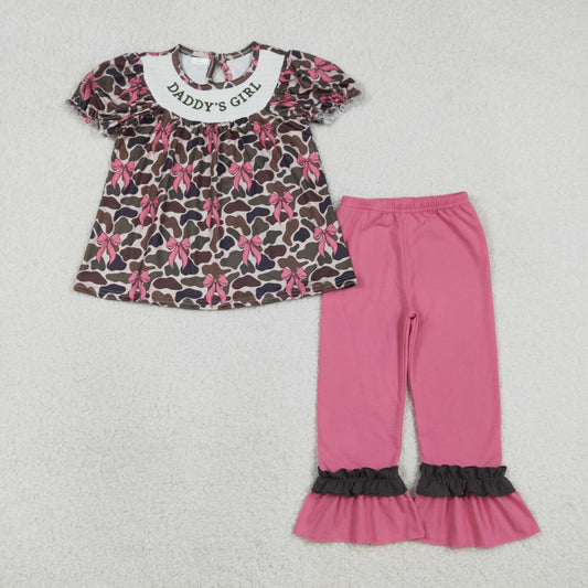 GSPO2025 Smocked Daddy's Girl Brown Camo Bows Tunic Ruffle Pants Clothes Sets