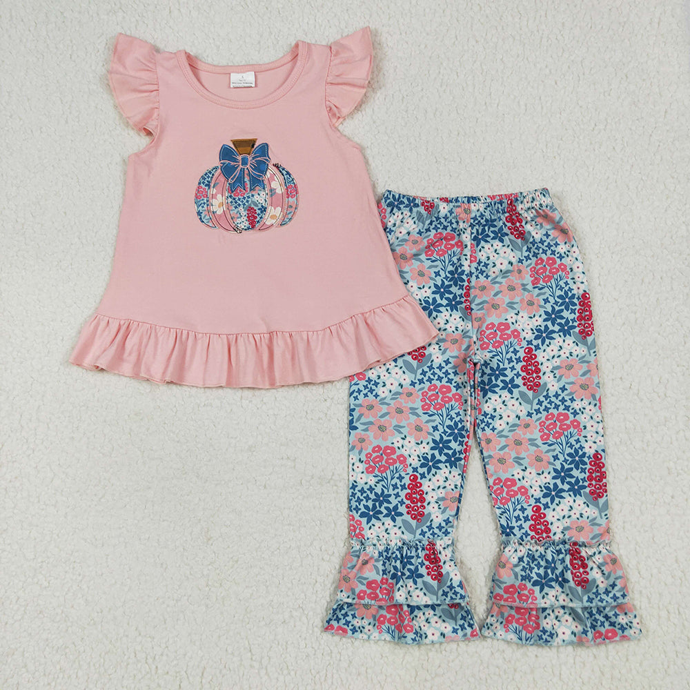 GSPO2032 baby girl Fall pumpkin embroidery Tunic ruffle pants clothes sets