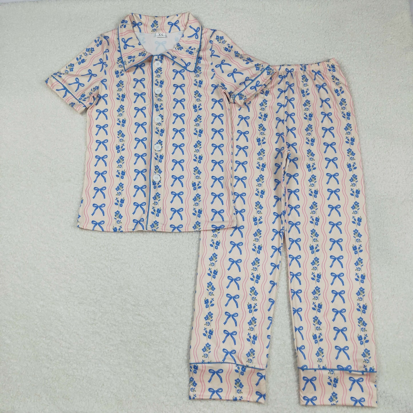 Family Sibling Blue Bows Flower Stripes Button Women Girls Pajamas Sets Zipper Footie Rompers