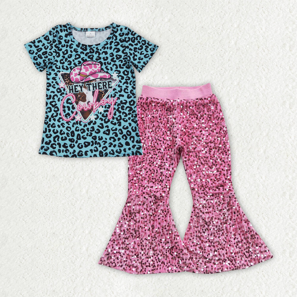 Sibling Baby Girls Horse Rodeos Tunic Sequin Bell Bottom Pant Western Clothes Set