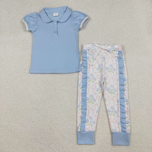 GSPO2069 Baby Girls Blue Short Sleeve Button Top Floral Ruffle Leggings Clothes Sets