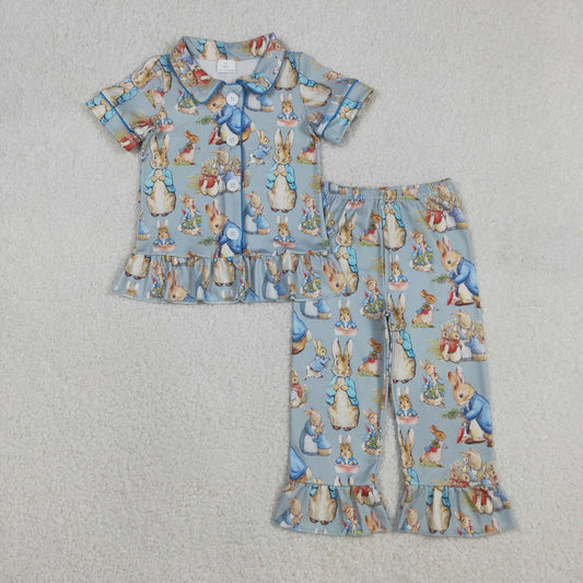GSPO2097 Baby Girls Rabbits Flowers Button Top Ruffle Pants Easter Pajamas Sets